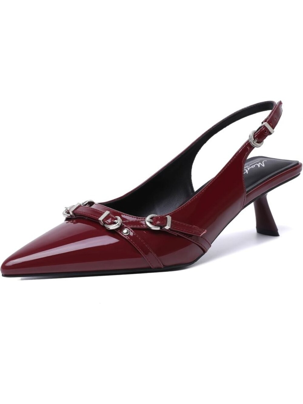 Women's Red Faux Leather Pointed Toe Low Heel Slingback with Buckle Heel Pumps